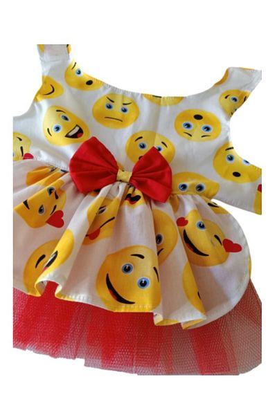 Gobo White Female Cat Dog Outfit Dress with Emoji Pattern and Red Bow Tie