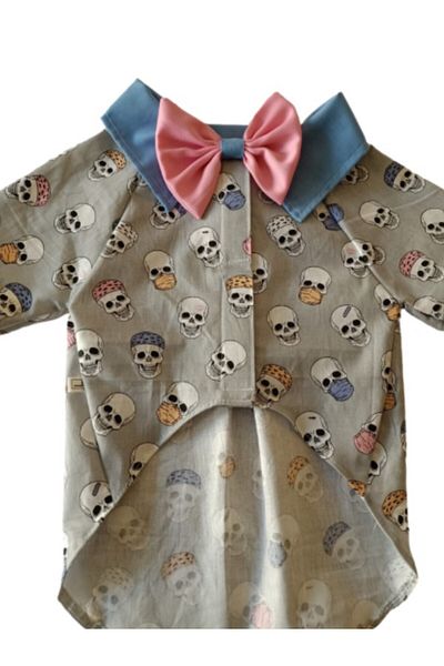 Gobo Skull Patterned Gray Cat Dog Outfit Dress with Bow Tie