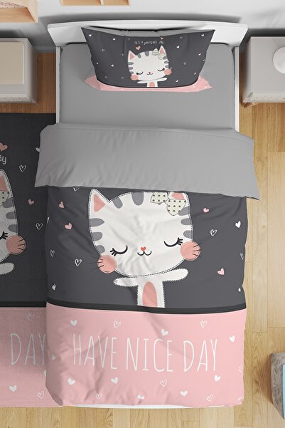 EVPANYA Fiyonklu Beyaz Kedi Desenli Tek Kişilik Bebek Çocuk Nevresim Seti