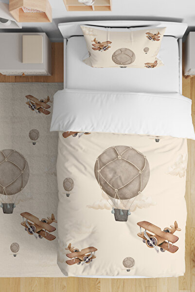 EVPANYA Uçak Balon Macera Desenli Tek Kişilik Bebek Çocuk Nevresim Seti