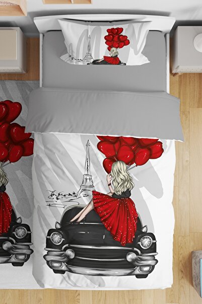 EVPANYA Kırmızı Güllü Klasik Arabalı Kız Desenli Tek Kişilik Bebek Çocuk Nevr...