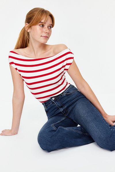 Trendyol Collection Flexible Soft Viscous - Red Striped Boat Neck Blouse Twoss24Bz00090