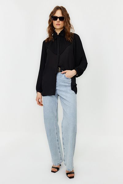 Trendyol Modest Černá volánková šifonová tkaná košile TCTSS24TG00014