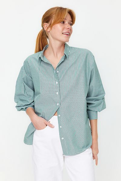 Trendyol Collection Zielona koszula oversize w paski - szeroka, tkana, TWOSS23GO00144