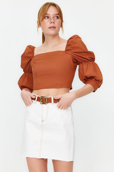 Trendyol Collection Καφέ Crop μπλούζα με μπαλόνι με τετράγωνο λαιμό υφαντή μπλούζα TWOSS19XB0036