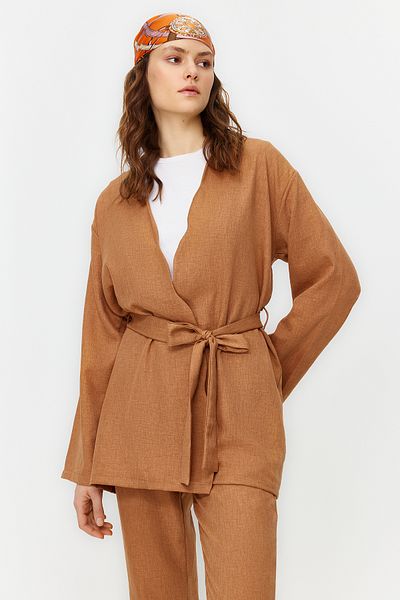 Trendyol Modest Camel Belted Linen Look Kimono Trousers Woven Top and Bottom Set TCTSS24US00005