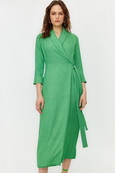 Trendyol Modest Φόρεμα από λινό χακί με διπλό στήθος TCTSS24EB00021