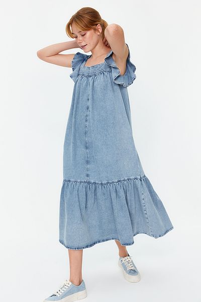 Trendyol Collection Light Blue Ruffle Oversize Maxi Denim Dress TWOSS24EL00368