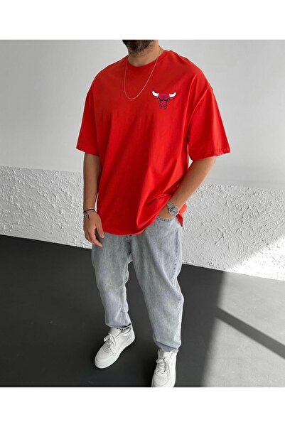 woonkey TRICOU OVERSIZE CHICAGO CU IMPRIMEU ROȘU PINIAT