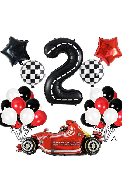 PARTİAVM Race Car Balloon Set with Black Numeral Balloon with White Stripe, R...