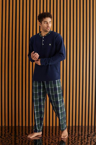 Pijamaevi Σετ ανδρική πιτζάμα πράσινο Navy Blue με καρό σχέδιο Fleece