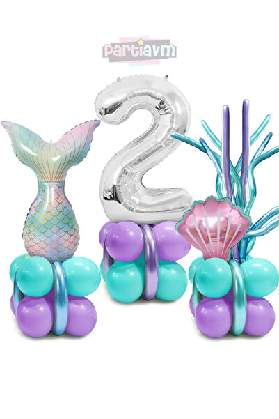 PARTİAVM Deniz Kızı Kuyruğu Deniz Kabuğu 102cm Gümüş Rakam Balon Mermaid Deni...