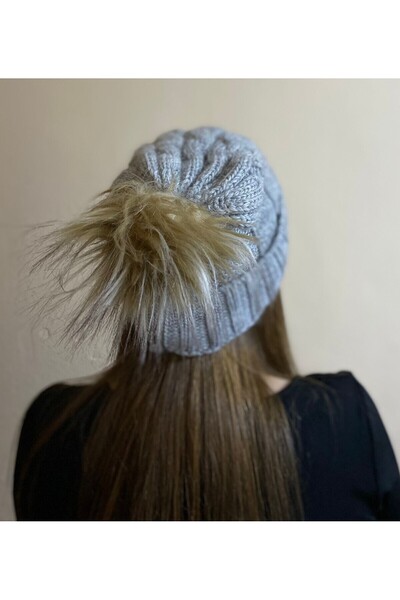 sema aksesuar Women's Gray Color Winter Fur Pompom Beret - Valentine's Day Gift