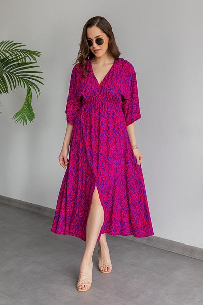 vuvutasarım Patterned Viscose Fabric Short Sleeve Double Breasted Collar Midi Length Slit Flared Cut Fuchsia Dress 090