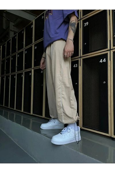 ellevana Loose Fit Elastic Line Detail Parachute Unisex Trousers