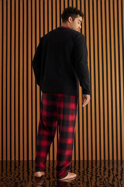 Pijamaevi Schwarzes, weinrotes, kariertes Fleece-Pyjama-Set für Herren