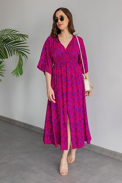 vuvutasarım Patterned Viscose Fabric Short Sleeve Double Breasted Collar Midi Length Slit Flared Cut Fuchsia Dress 090