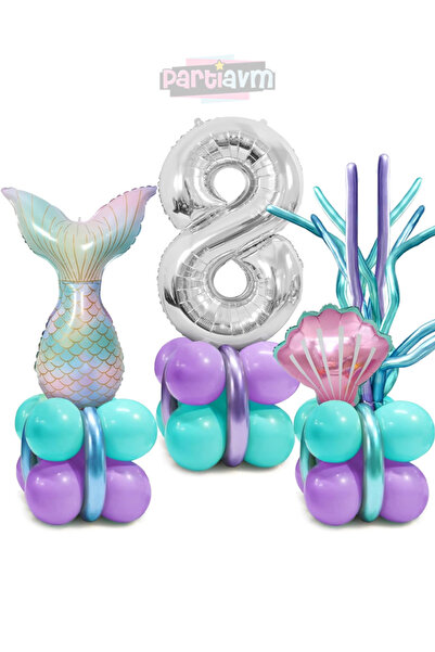 PARTİAVM Mermaid Tail Seashell 102cm Silver Number Balloon Mermaid Mermaid Co...