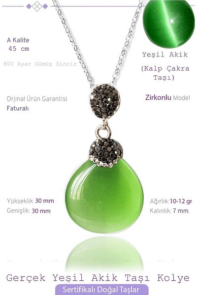 Tesbih Atölyesi Certified Zircon Stone Green Agate Stone Necklace