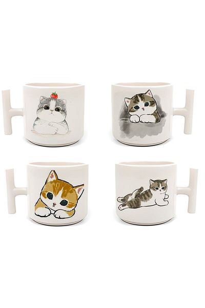 HobiShop Set of 4 White t Mug - Double Turkish Coffee Cup and Espresso Naughty Naughty Kittens