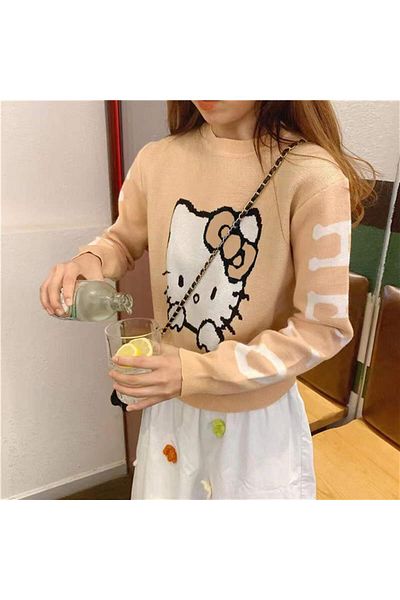 Touz Blunt Blunt Harajuku Hello Kitty Καφέ Oversize Crop πουλόβερ