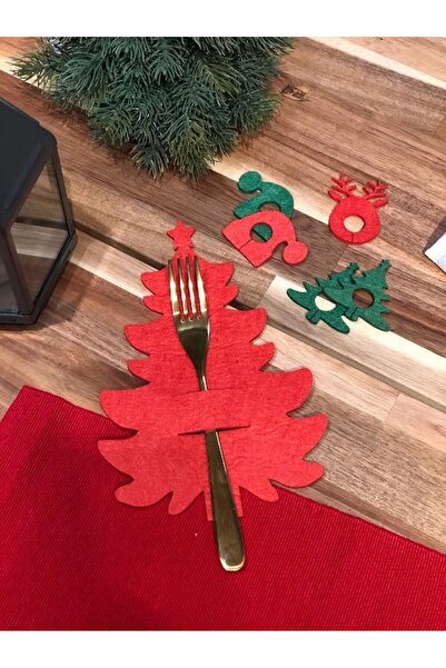 Masalsı Concept 4'lü Keçe Yılbaşı Ağacı Kırmızı Çatal Kaşıklık ve 4 Adet Karı...