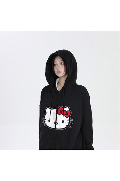 Touz Moda Hello Kitty Head Print Oversize Zippered Black Unisex Hooded Cardigan