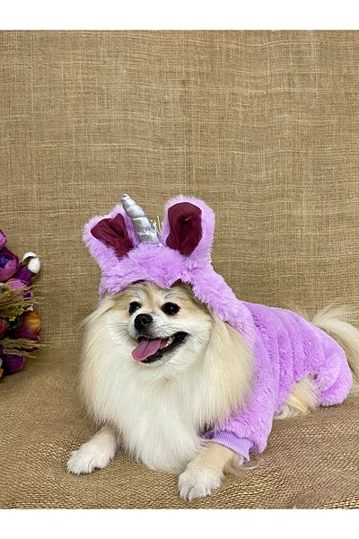 MARİA PET FASHİON Unicorn Plush Lilac Jumpsuit - Dog Outfit with Hat