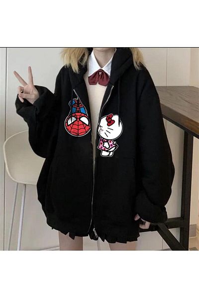 Touz Moda Spider-Man & Hello Kitty Printed Oversize Zippered Black Hooded Cardigan