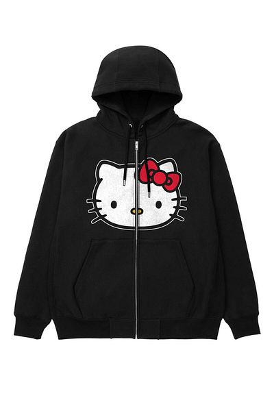 Touz Moda Hello Kitty Head Print Oversize Zippered Black Unisex Hooded Cardigan