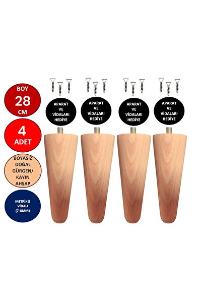 TNT 4'lü 28 cm Ahşap Konik Ayak Koltuk Ayağı Baza Ayağı Mobilya Ayağı Dolap A...