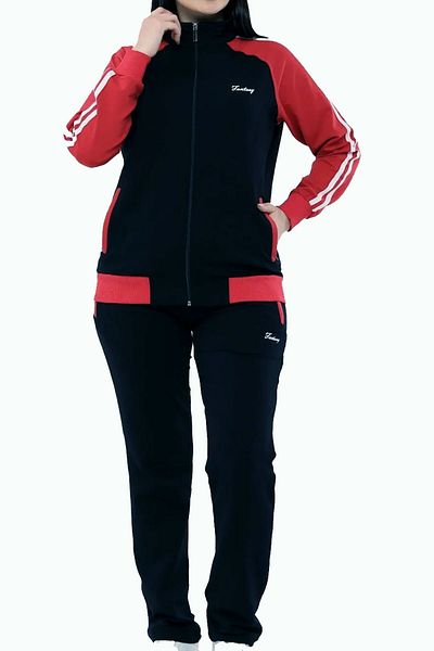 Fantasy Women's Navy Blue Half Turtleneck Neck Zipped Two Thread Large Size Tracksuit Suit EDY18307B-L