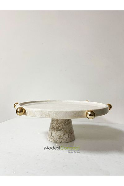 Modestmar Natural Beige Marble Cake Stand - Cake Presentation - Cake Serving with Marble Legs and Gold Detail