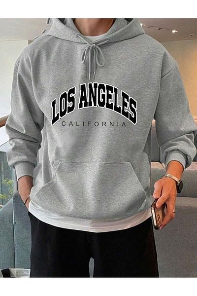 khufu Φούτερ με κουκούλα LOSANGELES με στάμπα σε γκρι χρώμα