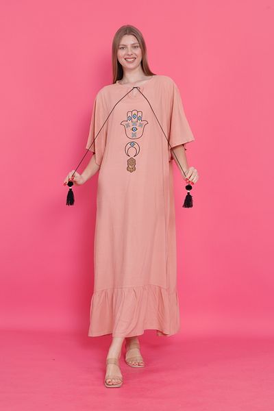 mervemoda Women's Powder Pink Plus Size Short Sleeve Woven Dress