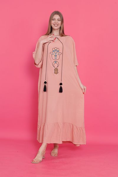 mervemoda Women's Powder Pink Plus Size Short Sleeve Woven Dress
