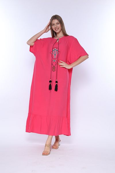 mervemoda Women's Fuchsia Plus Size Short Sleeve Woven Dress
