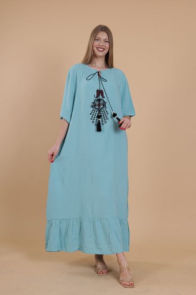 mervemoda Women's BLUE Large Size Short Sleeve Woven Dress