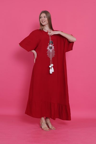 mervemoda Women's Burgundy Plus Size Short Sleeve Woven Dress