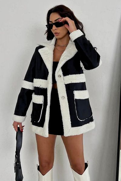 munora butik Semišová bunda s velkou kapsou a bílou kožešinou uvnitř