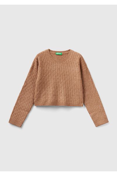 United Colors of Benetton Girl - Dark Beige Embroidered Crop Sweater