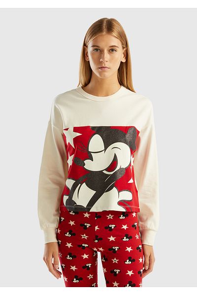 United Colors of Benetton Hanorac crop damă cu imprimeu Mickey crem