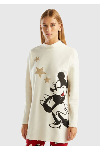 United Colors of Benetton Cream Mickey Printed Women's Fleece Sweatshirt - Off Shoulder
