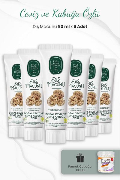 Eyüp Sabri Tuncer 6 Pack Walnut and Bark Extract Toothpaste 90 ml and Cotton Swab