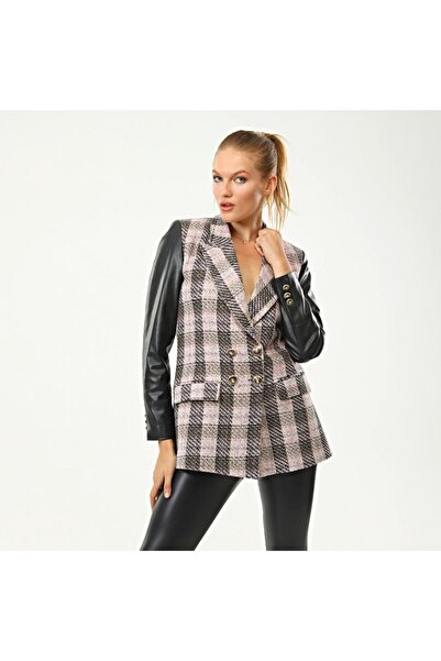 OUZ Fashion Kadın Kruvaze Kapamalı Tüvit Kumaşlı Deri Kol Garnili Blazer Ceket