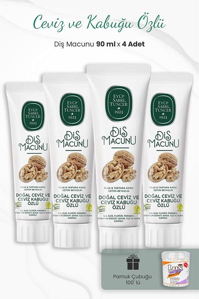 Eyüp Sabri Tuncer 4 Pack Walnut and Bark Extract Toothpaste 90 ml and Cotton Swab