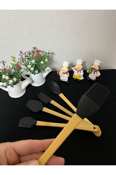 Kitchen Crazy Bamboo Handle 5 Piece Mini Silicone Spatula Spoon Brush Set - Black