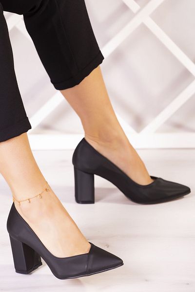 Erkan Saçmacı Pantofi Rochii De Seara Cu Toc Gros din Satin Negru Belinda Plus 7 Cm.
