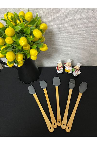 Kitchen Crazy Bamboo Handle 5 Piece Mini Silicone Spatula Spoon Brush Set - Gray