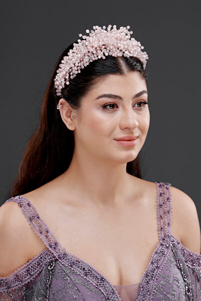 Simay Aksesuar Kristal Boncuklu, İncili Gelin Kına Düğün Nişan Nikah Tacı